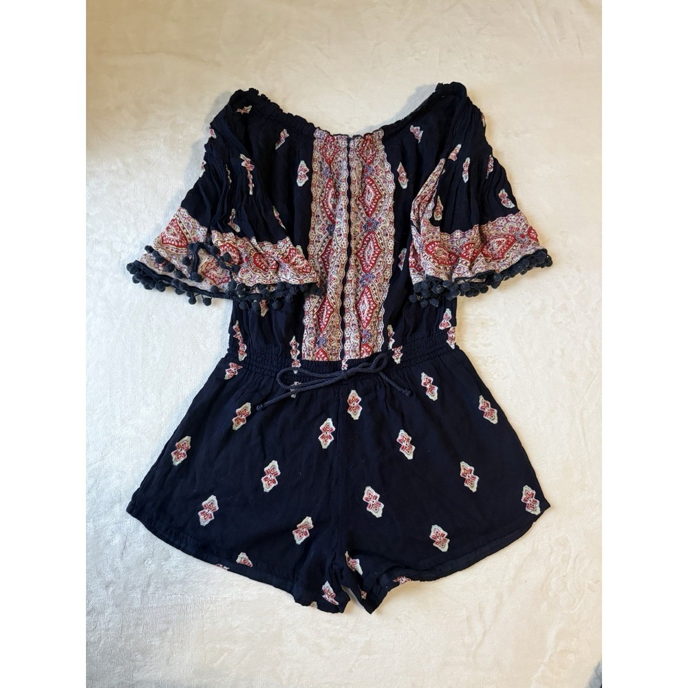 Lilka Navy Bohemian Off Shoulder Pom Pom Short‎ Bell Sleeve Romper Elastic Waist